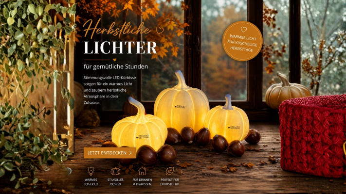 Stimmungsvolle LED-Kürbisse schenken warmes Licht und zaubern eine gemütliche Herbstatmosphäre in dein Zuhause.