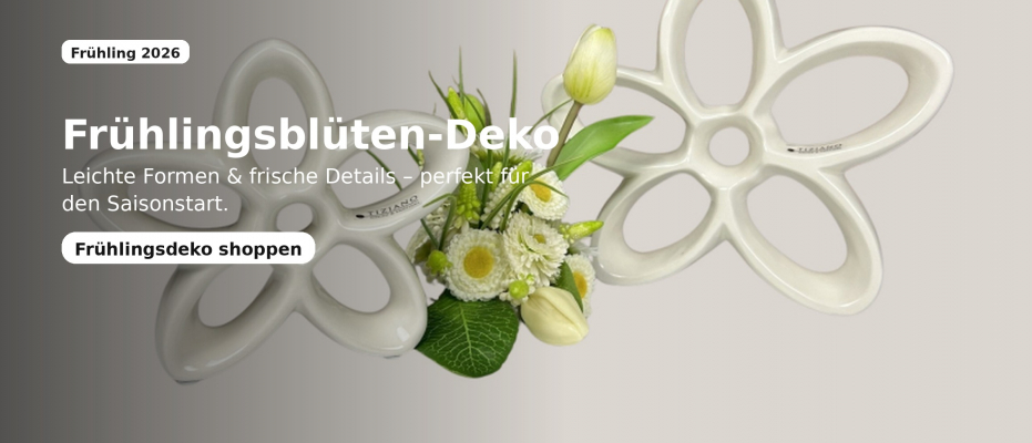 Moderne Blumen-Deko aus Keramik in Weiß mit Frühlingsblumen – elegante Frühlingsdeko für Wohnzimmer und Tischdeko.