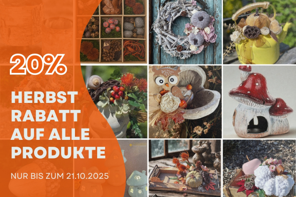 Entdecken Sie unsere herbstliche Deko-Vielfalt mit handgemachten Kränzen, liebevoll gestalteter Holz- & Tablett-Deko, Figuren, Windlichtern, Bastelmaterial u.v.m.. Kein Gutscheincode notwendig, der Rabatt wird automatisch im Bestellvorgang abgezogen!