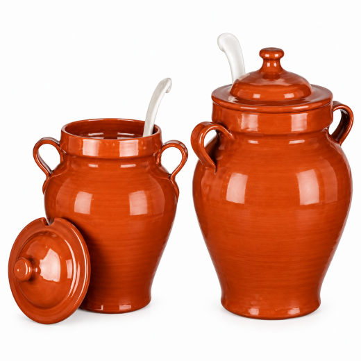 Steingut-Krug mit Deckel & Schöpfkelle – braun/klar