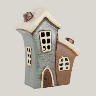 Keramik Windlicht Doppelhaus blau-braun-beige 16,5 cm