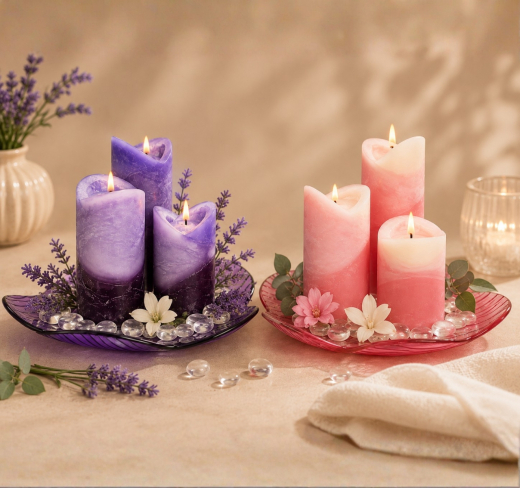 Duftkerzen-Set Candle – 3er Kerzen auf elegantem Glasteller