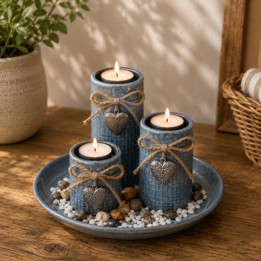 3er Teelicht-Set "Herz" – Dekoratives Set aus Holz, Ø 20 cm