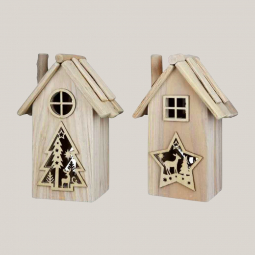 Holzhaus mit LED aus Treibholz – Stern oder Baum-Motiv