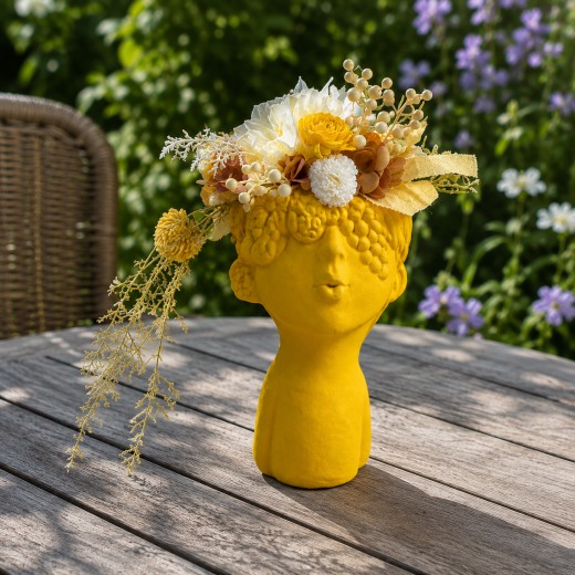 Betonbüste mit Blumenhut in Gelb – handgefertigt