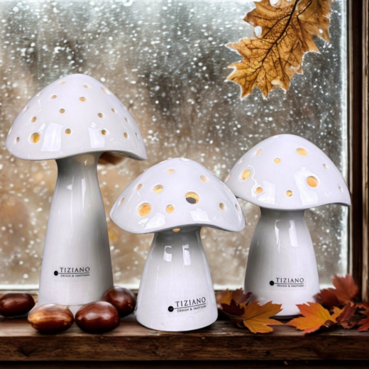 Tiziano Keramik-Pilz „Niara“ – mit LED & Timer für Herbstdeko