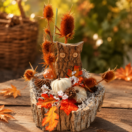 Holzschale mit Trockenblumen & Stoffkürbissen – liebevoll handgefertigt