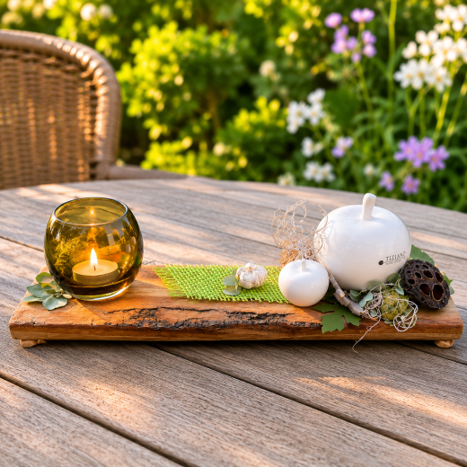 Handgefertigtes Holzbrett mit Herbstelementen & Teelichtglas