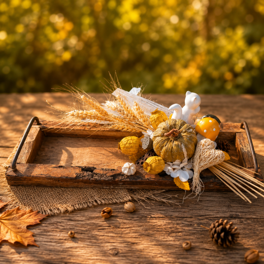 Liebevoll dekoriertes Holztablett mit Kürbis, Pilz & Eichhörnchen
