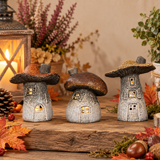 LED Pilz Steingut – Leuchtende Herbstdeko mit Häuschenform