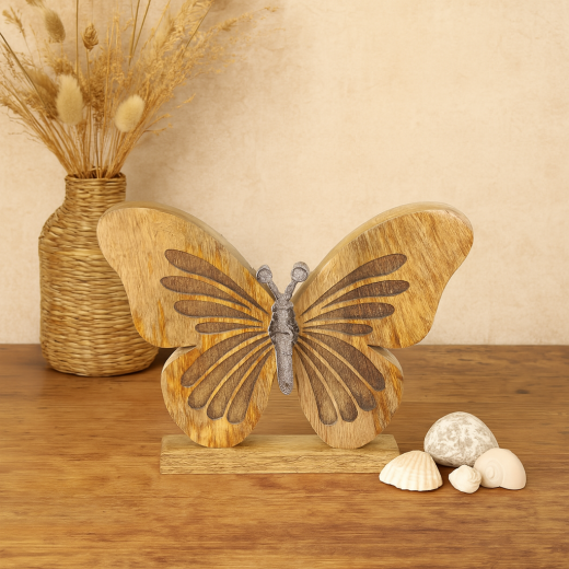 Schmetterling aus Mangoholz natur/silber 25,5 cm