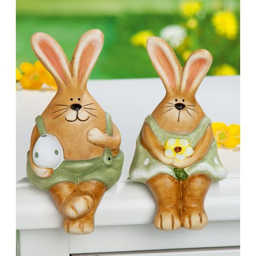 Hase Lino&Lina aus Keramik, gepunktet, braun-grün, 10 cm