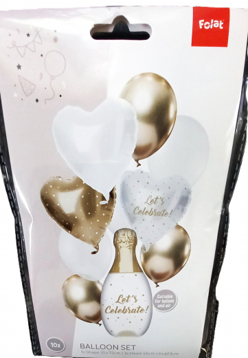 Ballon-Set Weiß/Gold – Sektflasche & Herzballons Party