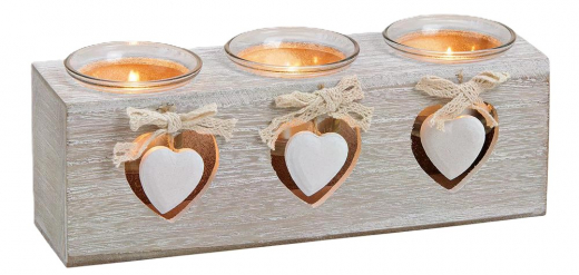 Teelichthalter aus Holz mit weißen Herzen & Glaseinsatz