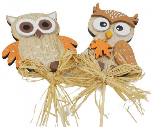 Holzstecker Eule 2er Set – Herbstdeko mit Raffia