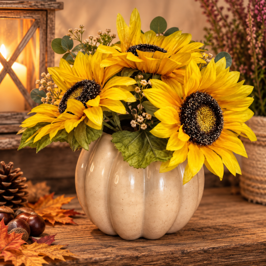 Sonnenblumen im Kürbis – Gelbe Herbstdeko natürlich schön