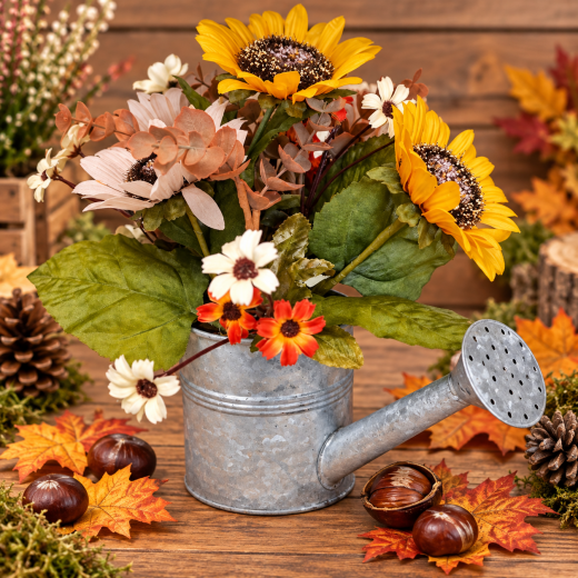 Sonnenblumen-Mix in Gießkanne – Herbstdeko mit Seidenblumen