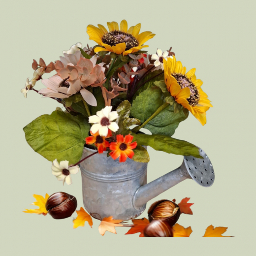 Sonnenblumen-Mix in Gießkanne – Herbstdeko mit Seidenblumen