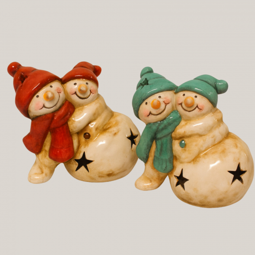 Schneemann Mama mit Kind – LED Figur in Rot oder Grün