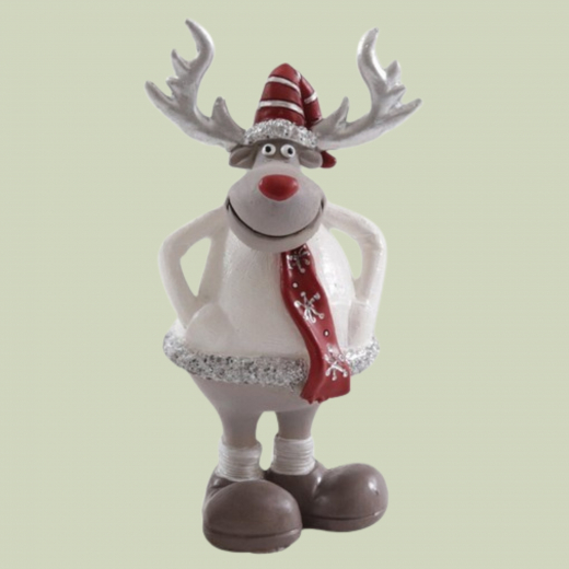 Rentier Lukas – Lustige Keramikfigur in Rot, Weiß & Silber