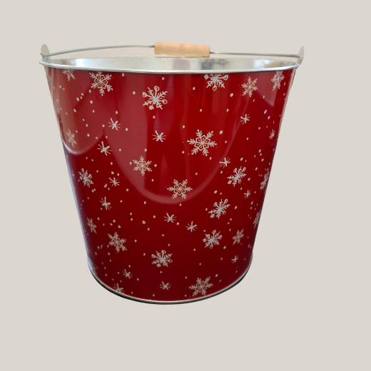 Großer Metalleimer – rote Deko mit Henkel & Schneeflocken