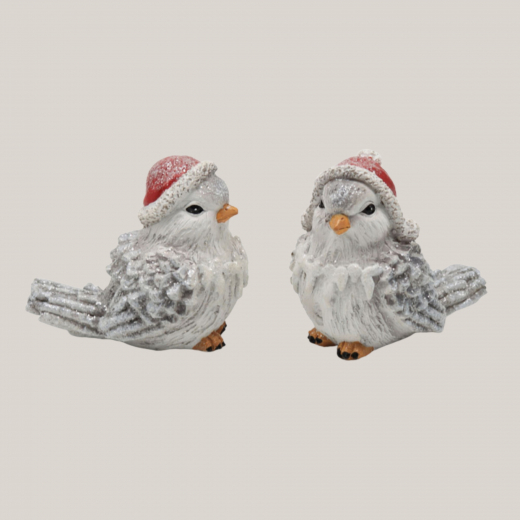 Winterspatz aus Polyresin mit Mütze im 2er Set