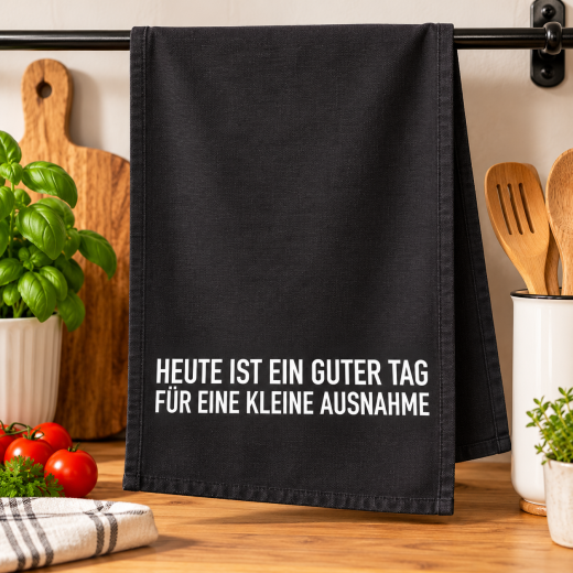 Geschirrtuch „Ausnahme-Tag“ – Handbedruckt, grau, 100 % Baumwolle