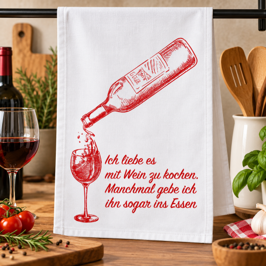 Geschirrtuch „wine & dine“ – Weiß, roter Druck, 100 % Baumwolle