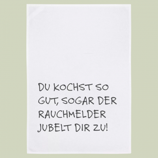 Geschirrtuch „Applaus vom Rauchmelder“ – Weiß, handbedruckt, 100 % Baumwolle