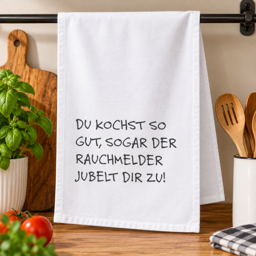 Geschirrtuch „Applaus vom Rauchmelder“ – Weiß, handbedruckt, 100 % Baumwolle