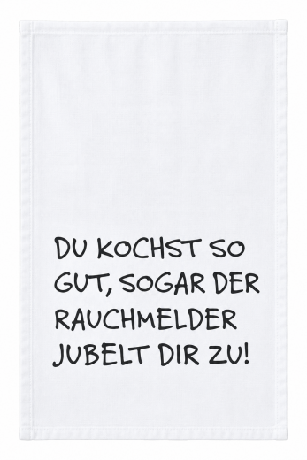 Geschirrtuch „Applaus vom Rauchmelder“ – Weiß, handbedruckt, 100 % Baumwolle