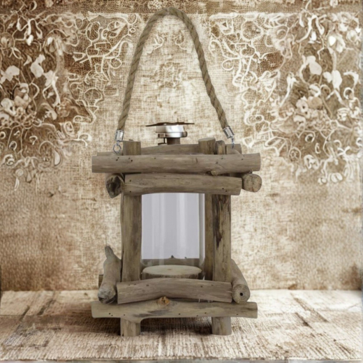 Holzlaterne aus Schwemmholz 17x17x21 cm mit Glaseinsatz