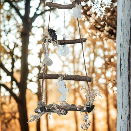 Holzleiter maritim – 90 cm Dekoration mit Seepferdchen