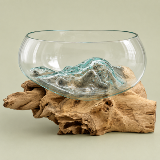Wurzelholz Teak mit Glasschale Ø 25 cm | Unikat