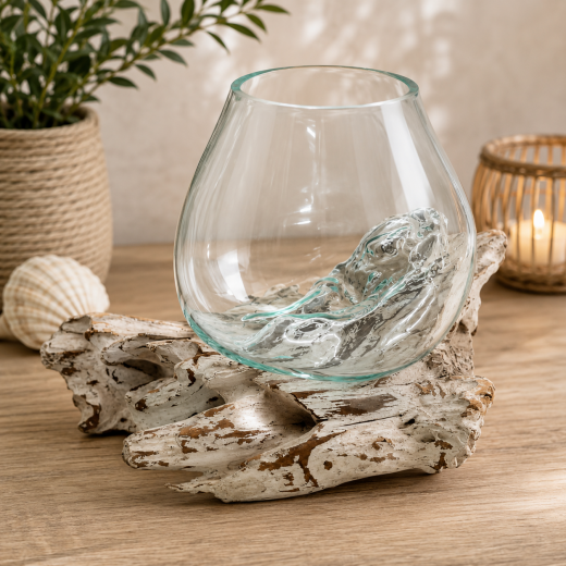 Teakholz Wurzel mit Glasschale Ø 12 cm | Unikat