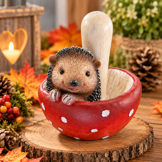 Igel aus Keramik – niedliche Herbstdeko im Fliegenpilz