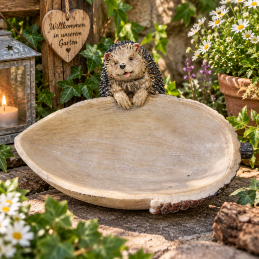 Vogel und Igeltränke Mini – Eichel mit Igel aus Polyresin
