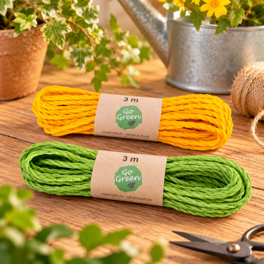 Kordel 2 mm x 3 m in Gelb oder Grün für DIY-Ideen.