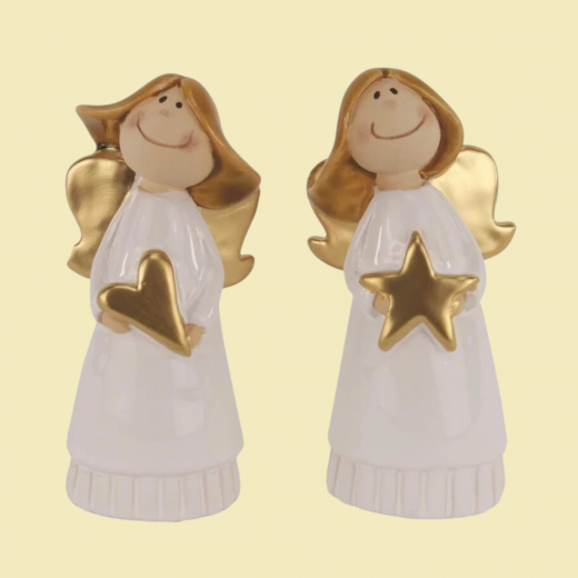 Keramik Engel Gold-Weiß mit Herz oder Stern – 12 cm
