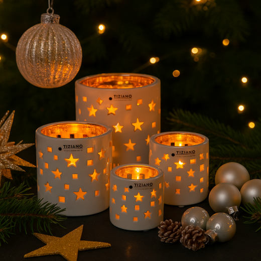 Keramikteelicht 3fach mit Sternen