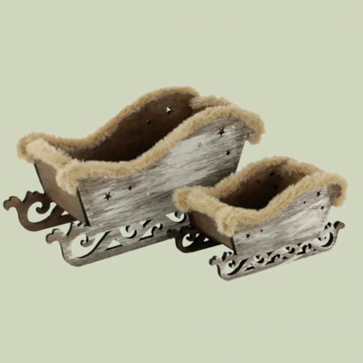 2er Set Holzschlitten Weihnachtsdekoration mit Plüsch