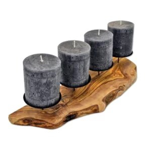 Kerzenhalter Advent Olivenholz – 4er auf Holzbrett