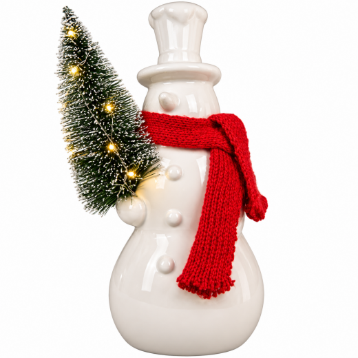 Schneemann Sören mit LED & Baum – Keramik 17/20 cm