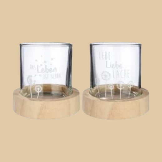 Windlicht aus Glas mit Holztablett 2er Set – "Das Leben ist schön" & "Lebe Liebe Lache"