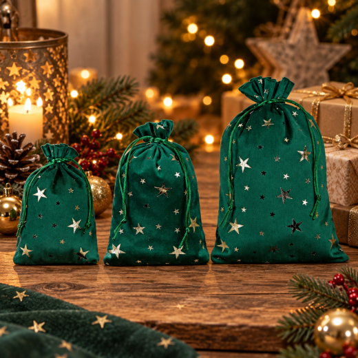 Geschenksäckchen Sterne 3er Set | Grün-Rot mit Glanz
