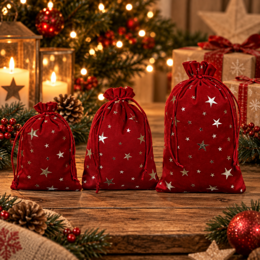 Geschenksäckchen Sterne 3er Set | Grün-Rot mit Glanz