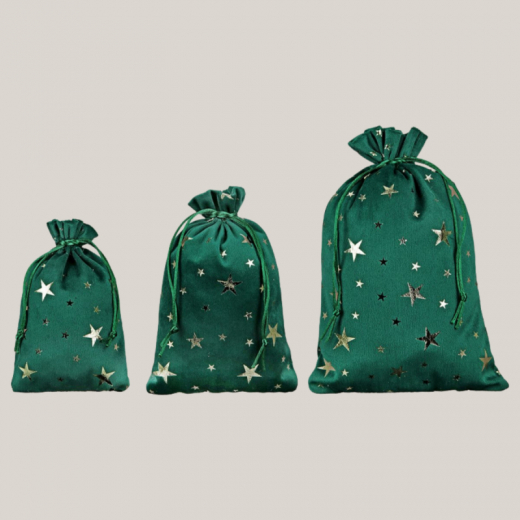 Geschenksäckchen Sterne 3er Set | Grün-Rot mit Glanz