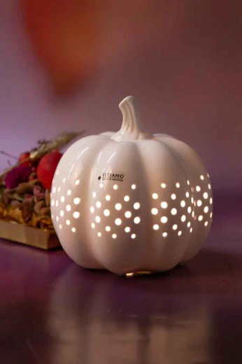 Keramik Kürbis mit LED – Runde Deko in Weiß, 11/16 cm