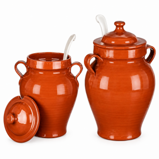 Steingut-Krug mit Deckel & Schöpfkelle – braun/klar