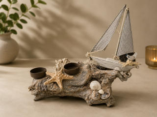 Maritime Wurzeldeko mit Teelicht & Schiff